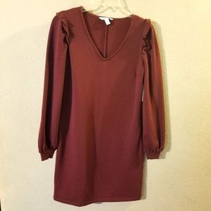 Nine West New Womens Maroon Long Sleeve Dress Small Ruffle on Shoulder Sz Small